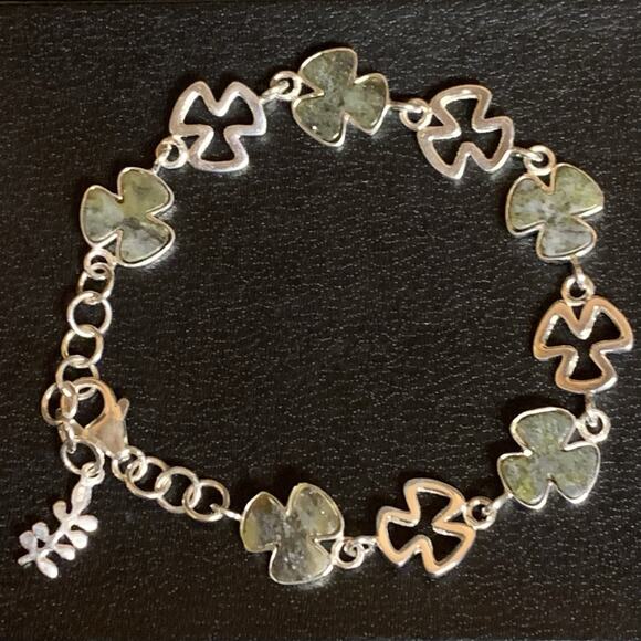 Connemara Marble Sterling Silver Shamrock Link Bracelet Vintage Ireland - Picture 3 of 9